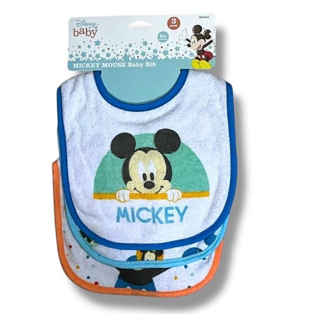 Disney Mickey Mouse Baby Bibs Absorbent Terrycloth VeIcro Closure 3 Pc 0-18 mo
